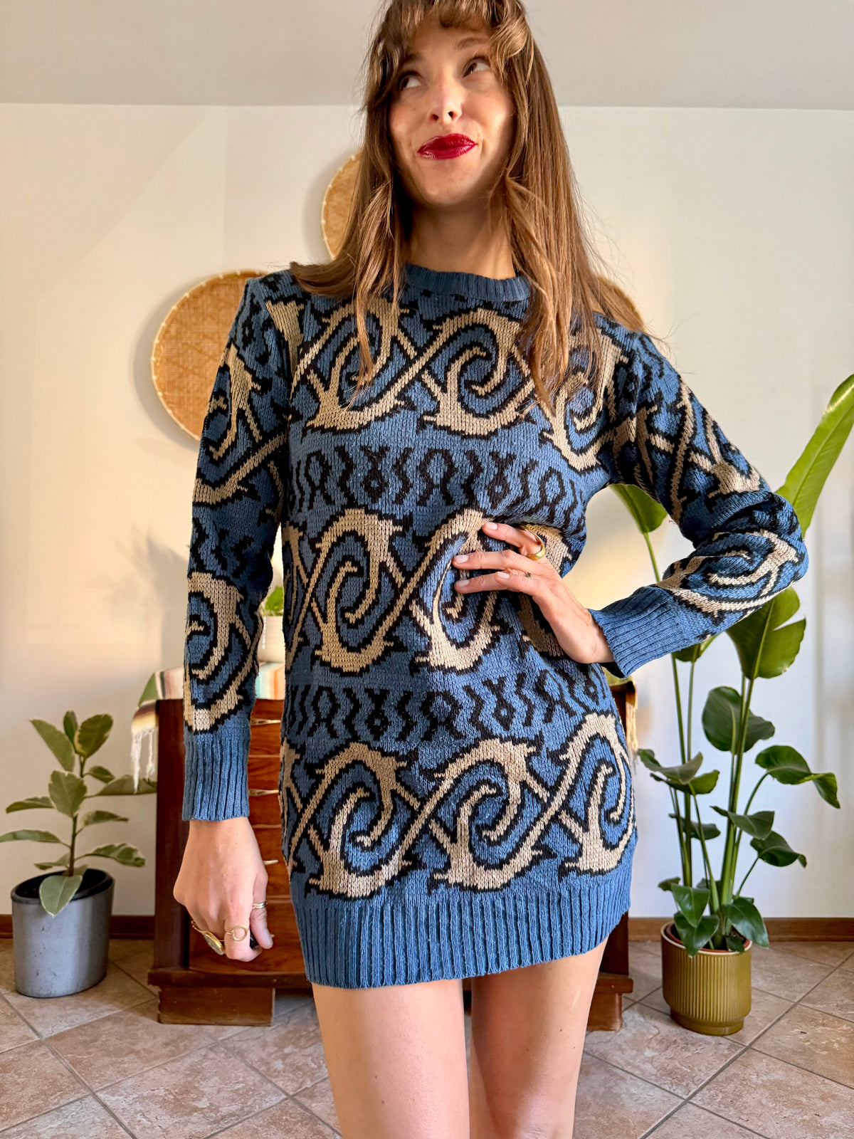 1990's vintage blue and beige geometric knit mini dress