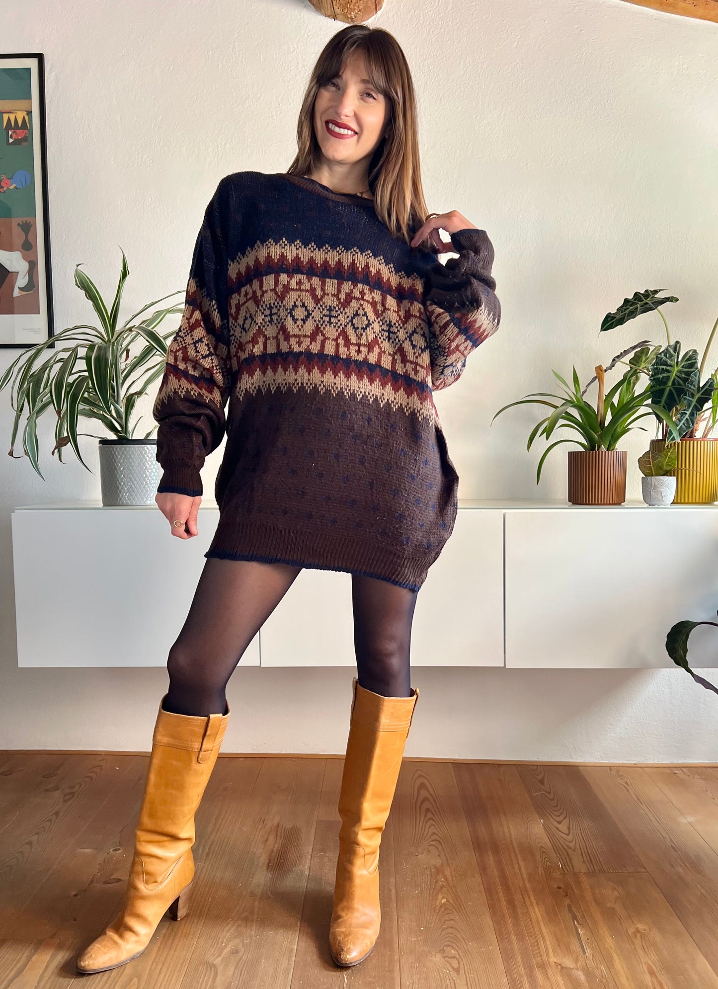 1970's vintage oversize brown and navy geometric knit pullover