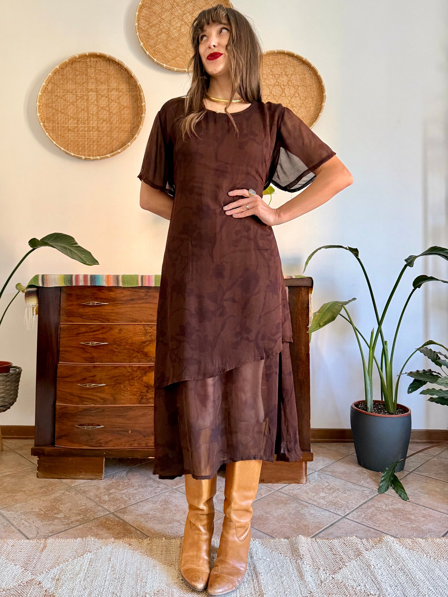 1990's vintage chocolate brow semi sheer floral maxi dress