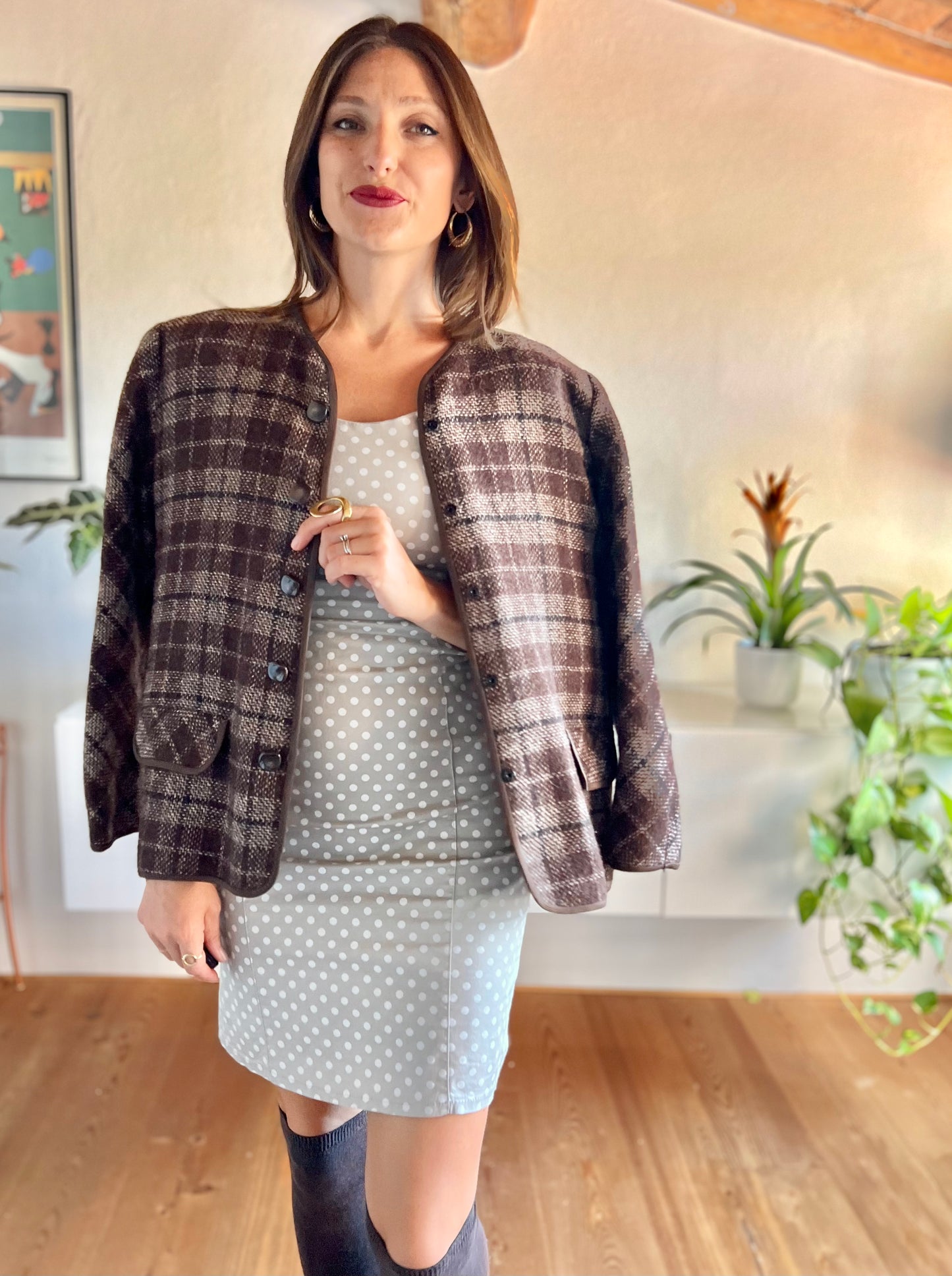 1970's vintage texture brown and tan plaid wool jacket