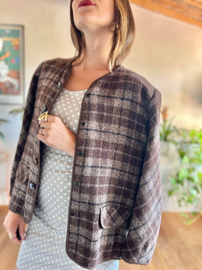 1970's vintage texture brown and tan plaid wool jacket