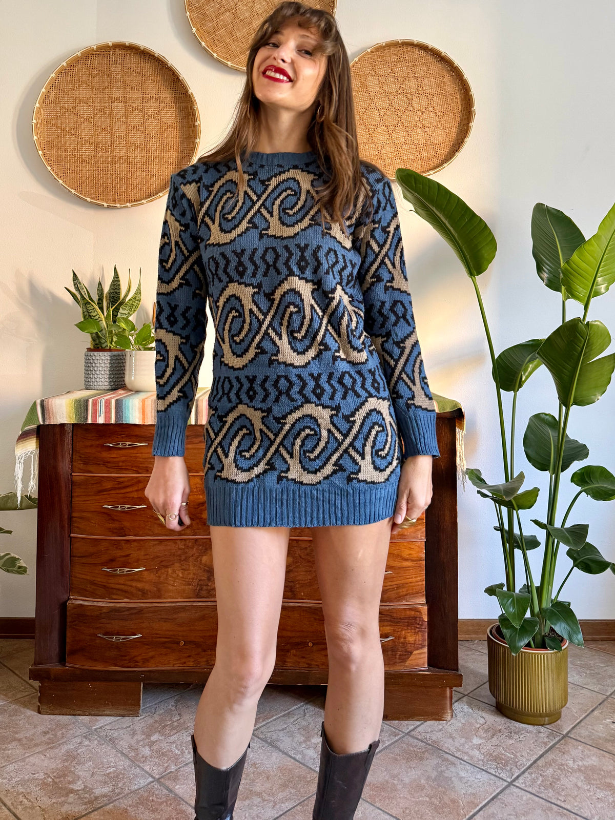 1990's vintage blue and beige geometric knit mini dress