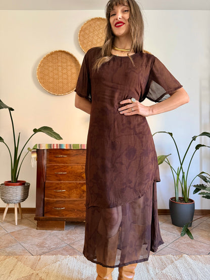 1990's vintage chocolate brow semi sheer floral maxi dress