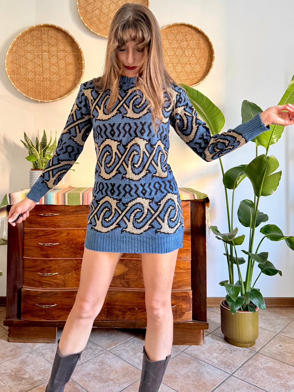 1990's vintage blue and beige geometric knit mini dress