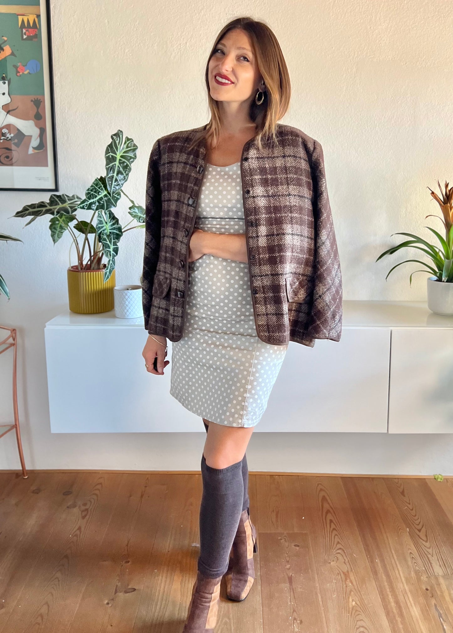 1970's vintage texture brown and tan plaid wool jacket