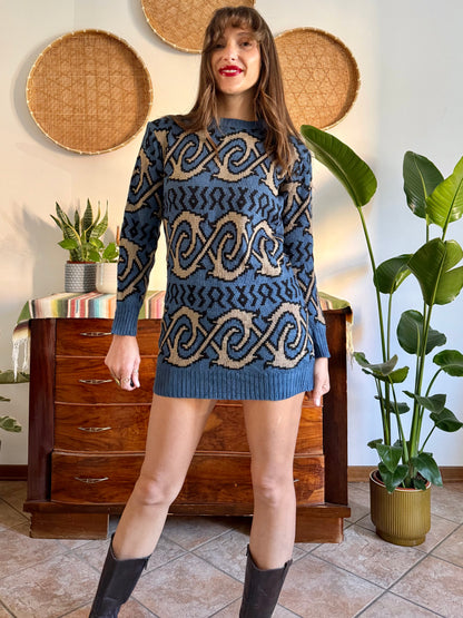 1990's vintage blue and beige geometric knit mini dress