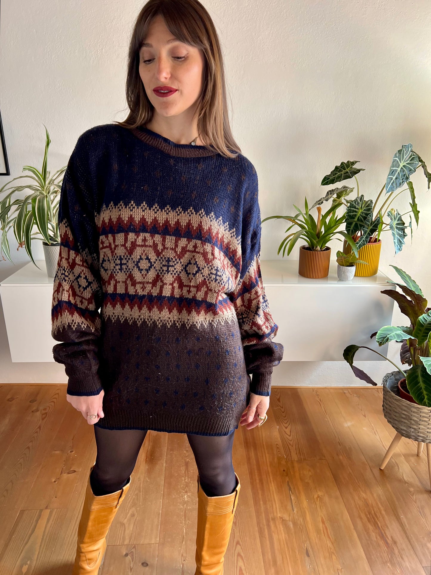 1970's vintage oversize brown and navy geometric knit pullover