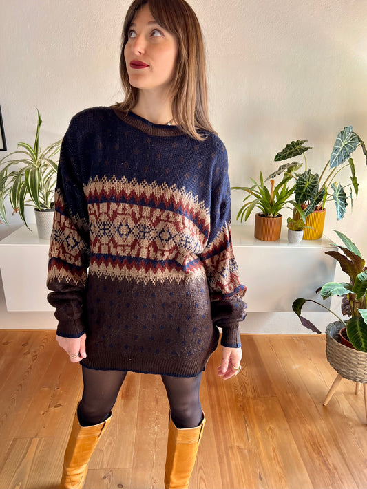 1970's vintage oversize brown and navy geometric knit pullover