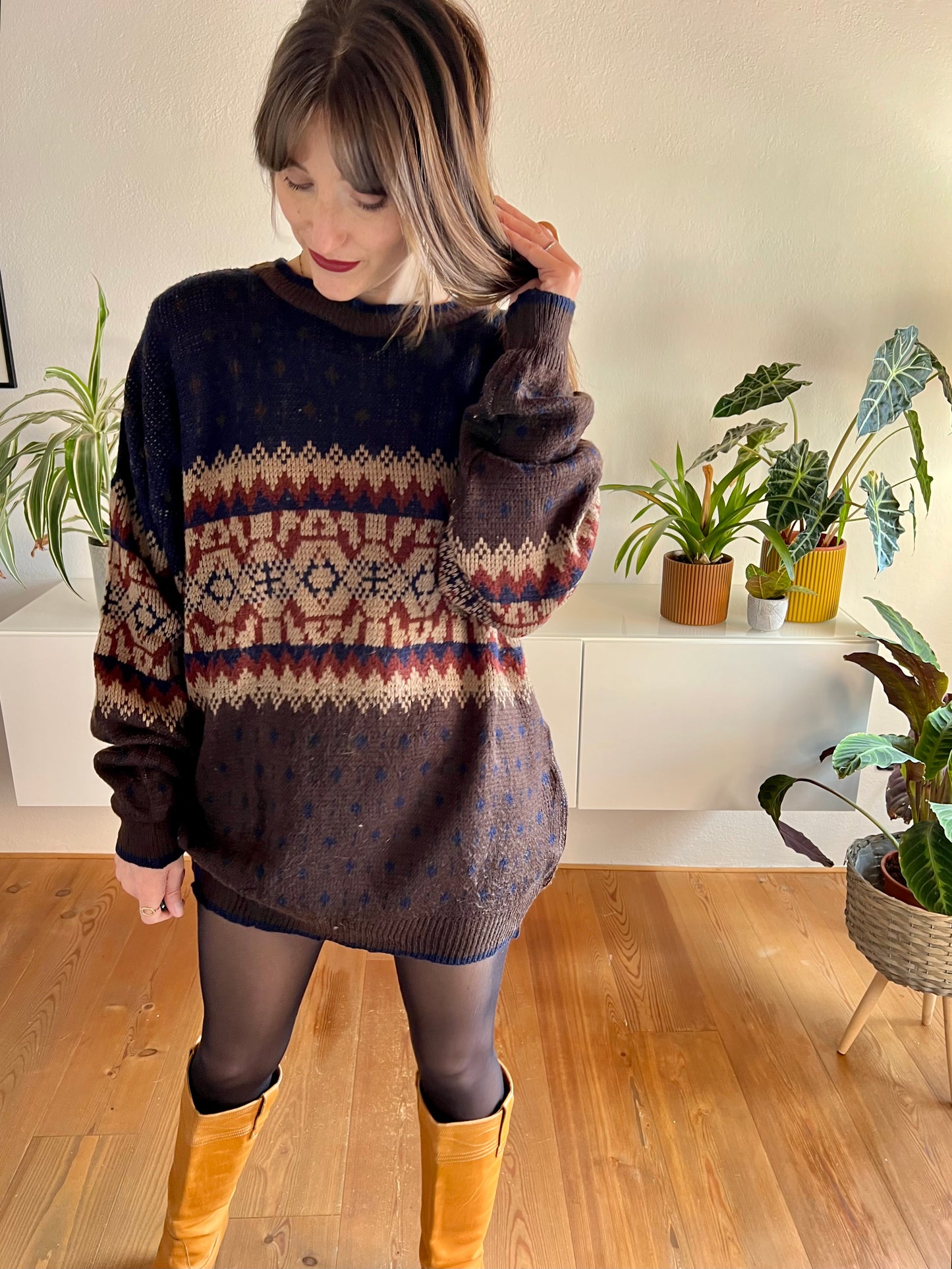 1970's vintage oversize brown and navy geometric knit pullover