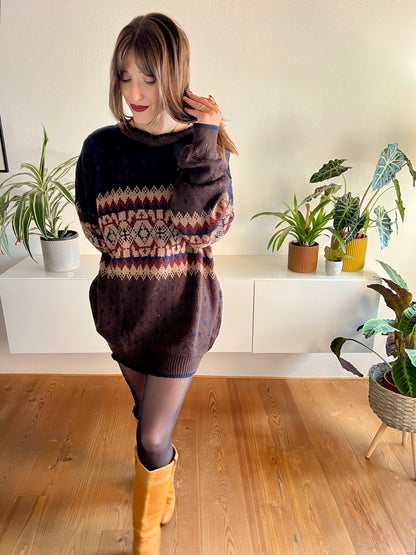 1970's vintage oversize brown and navy geometric knit pullover