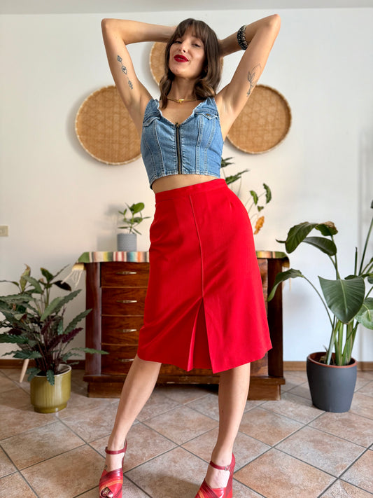 1970's vintage cherry red pleated midi skirt