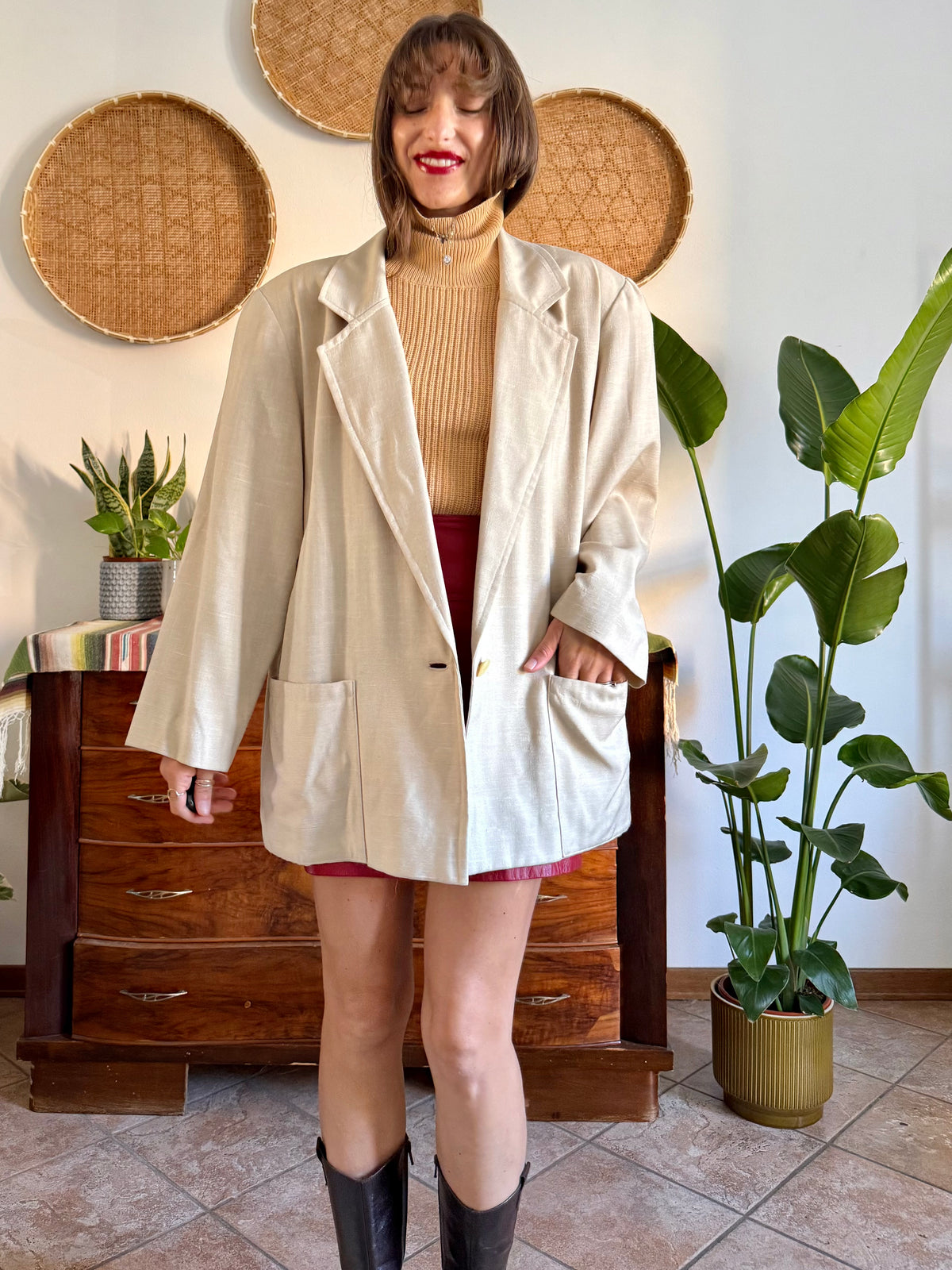 1980's vintage cream linen and wool blend oversize blazer