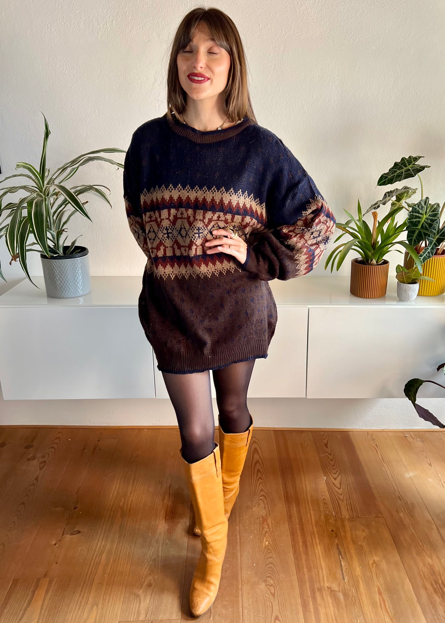1970's vintage oversize brown and navy geometric knit pullover