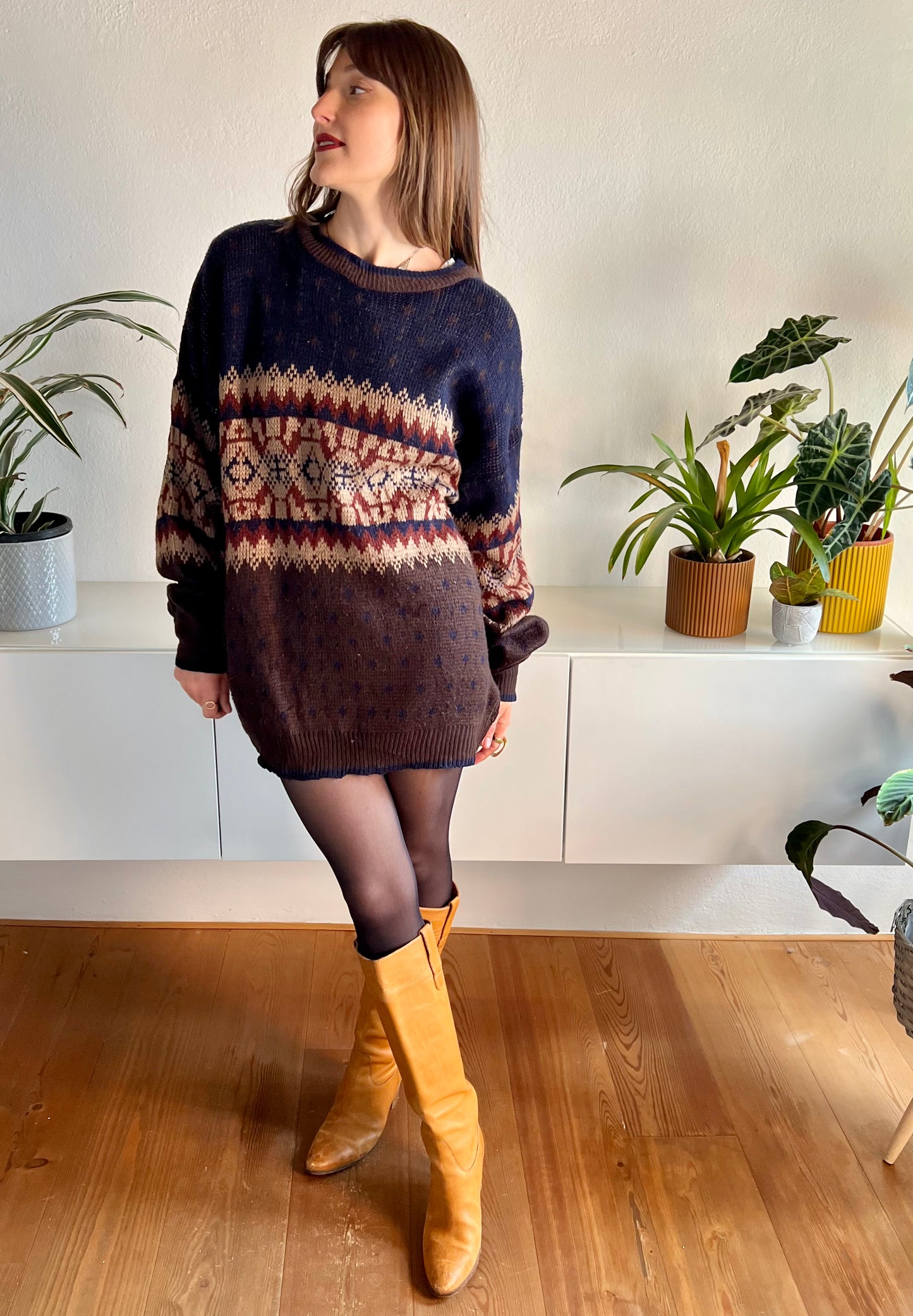 1970's vintage oversize brown and navy geometric knit pullover