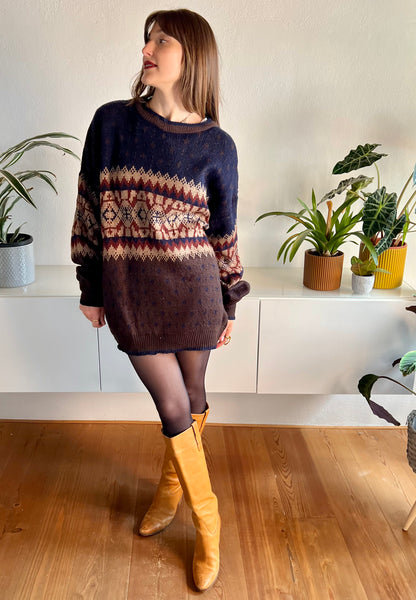 1970's vintage oversize brown and navy geometric knit pullover