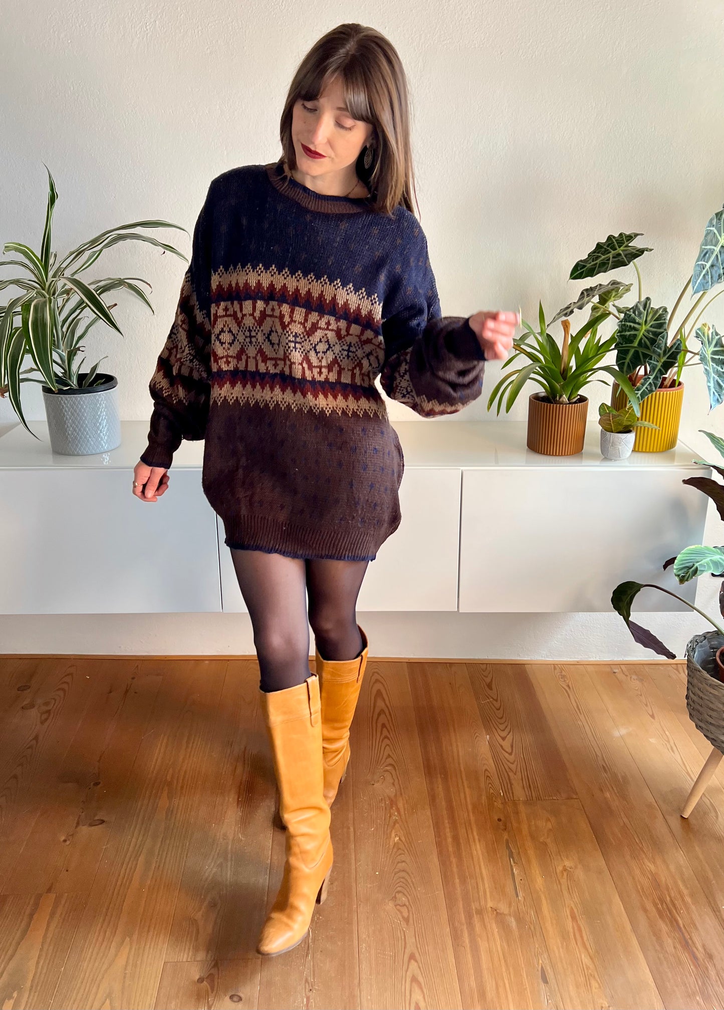 1970's vintage oversize brown and navy geometric knit pullover