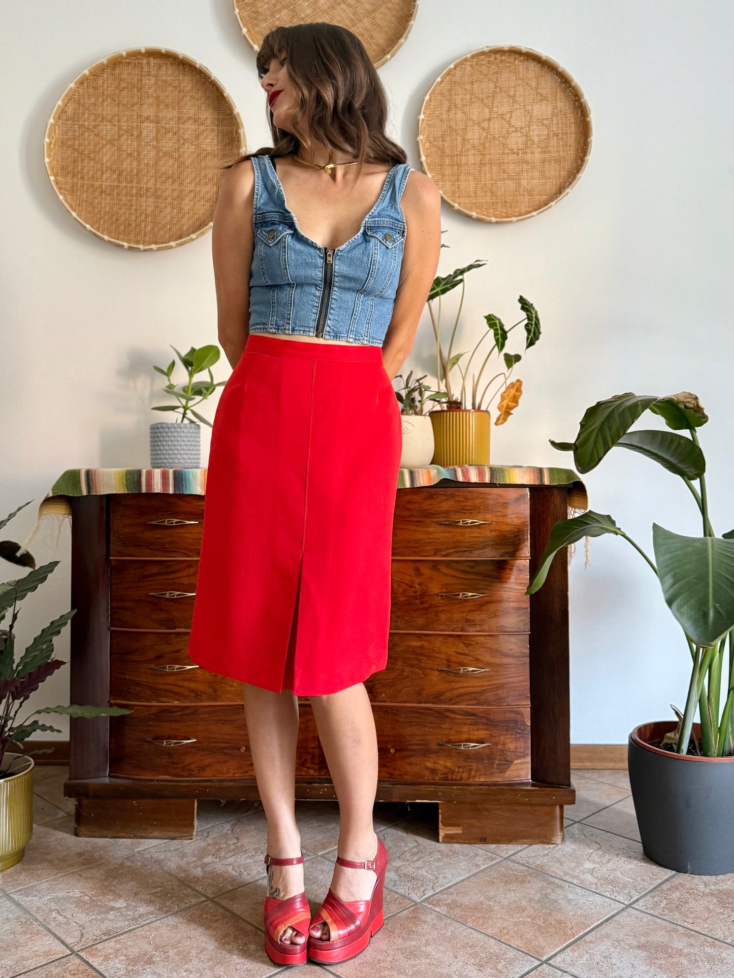 1970's vintage cherry red pleated midi skirt