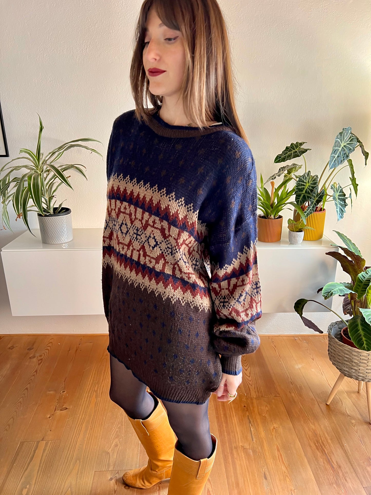 1970's vintage oversize brown and navy geometric knit pullover