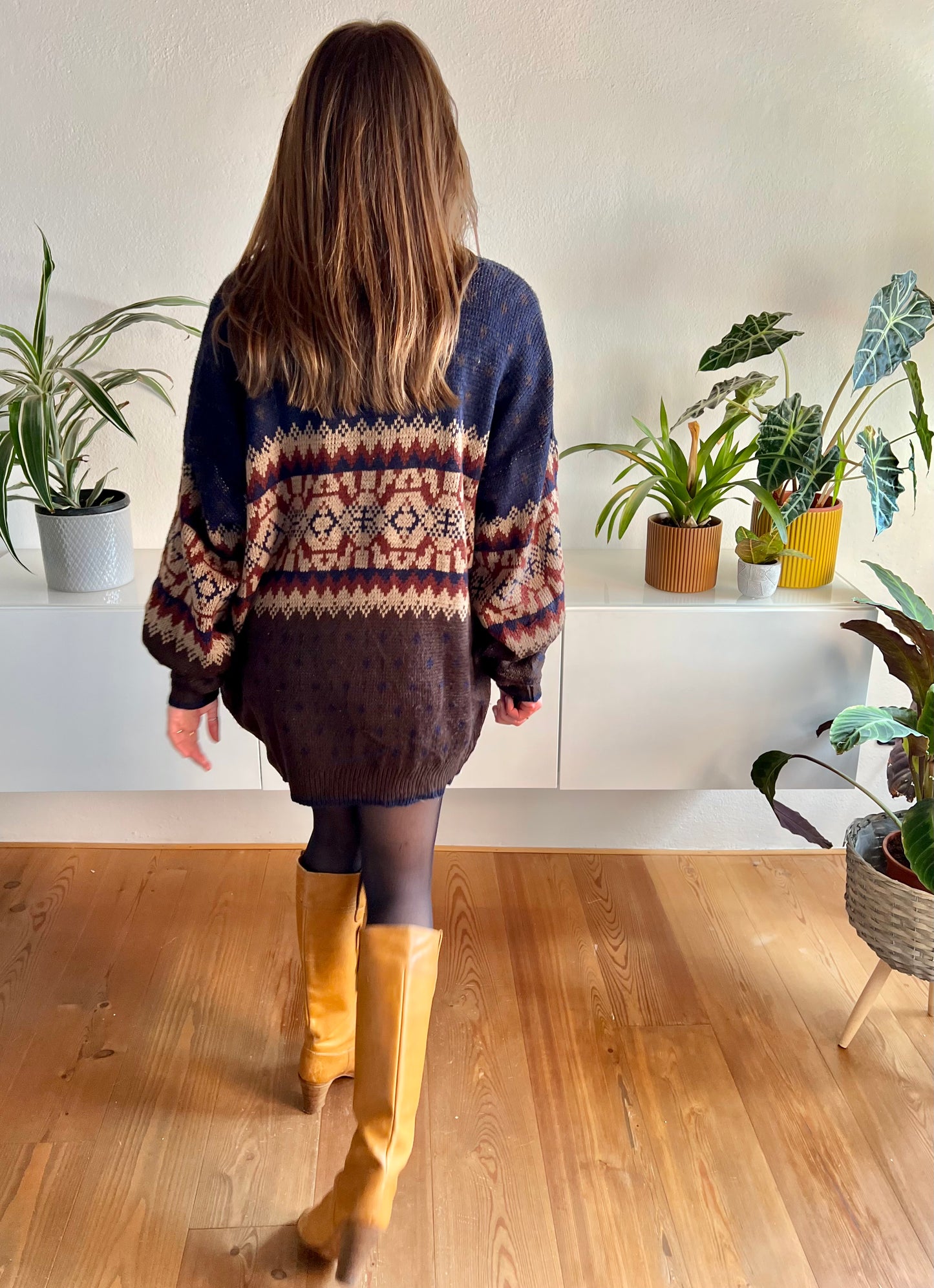 1970's vintage oversize brown and navy geometric knit pullover