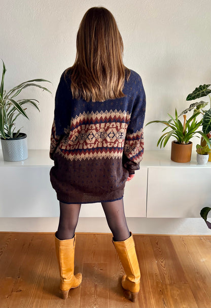 1970's vintage oversize brown and navy geometric knit pullover