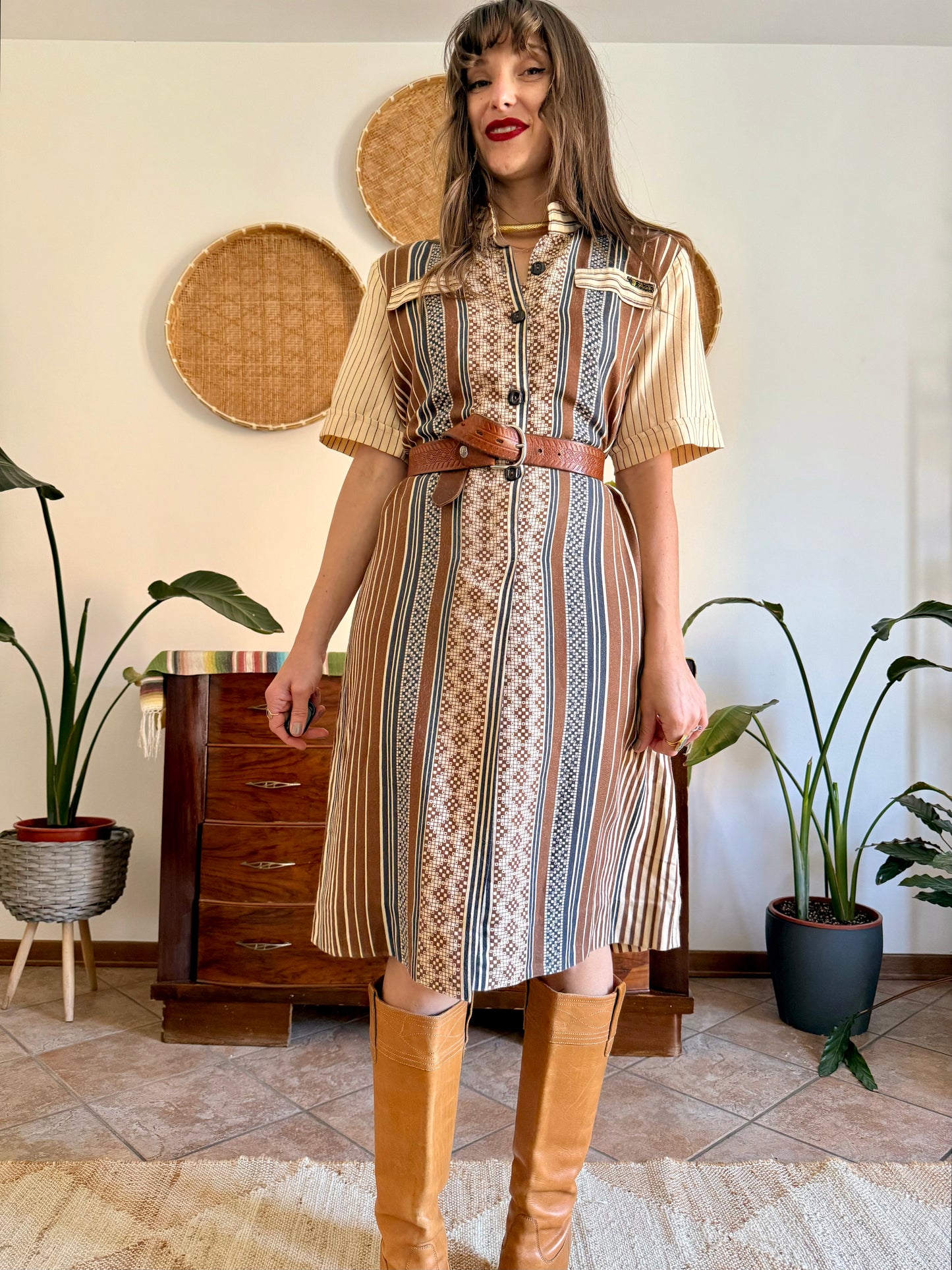 1970's vintage chocolate brown, beige and navy vertical stripe midi dress