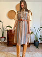 1970's vintage chocolate brown, beige and navy vertical stripe midi dress