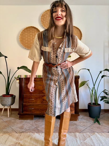 1970's vintage chocolate brown, beige and navy vertical stripe midi dress