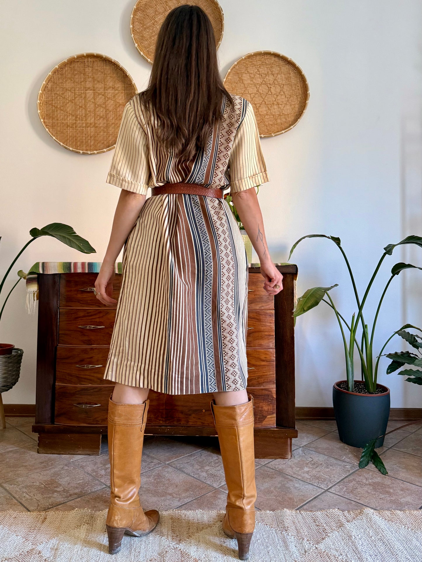 1970's vintage chocolate brown, beige and navy vertical stripe midi dress
