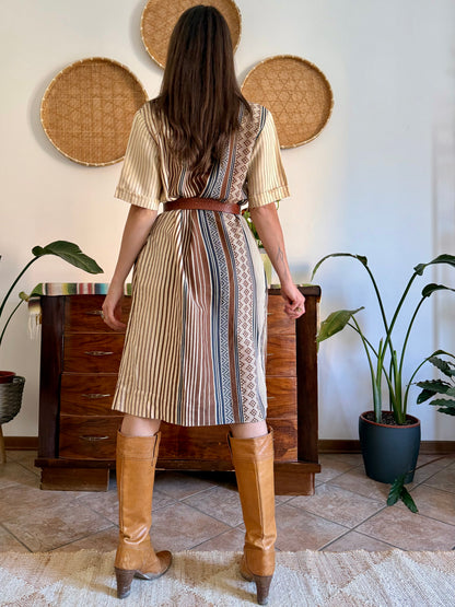 1970's vintage chocolate brown, beige and navy vertical stripe midi dress