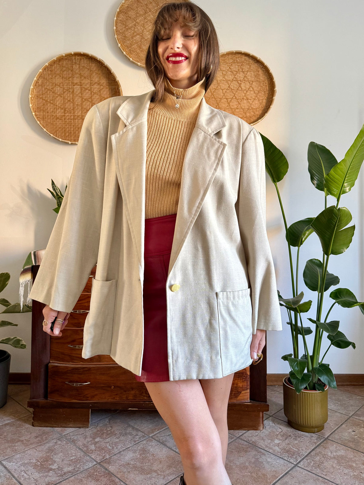 1980's vintage cream linen and wool blend oversize blazer