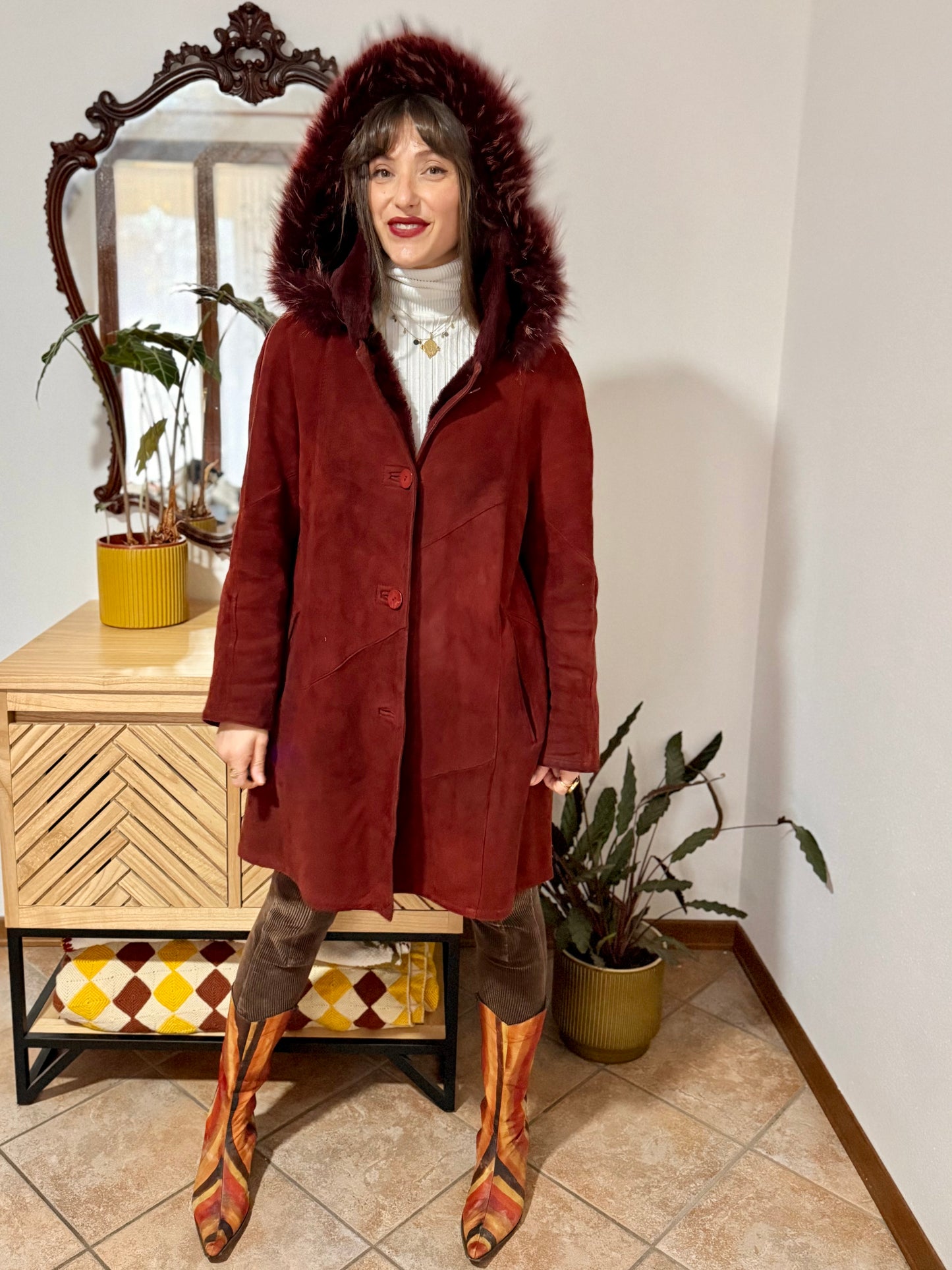 1970's vintage burgundy shearling montone coat with detachable hood
