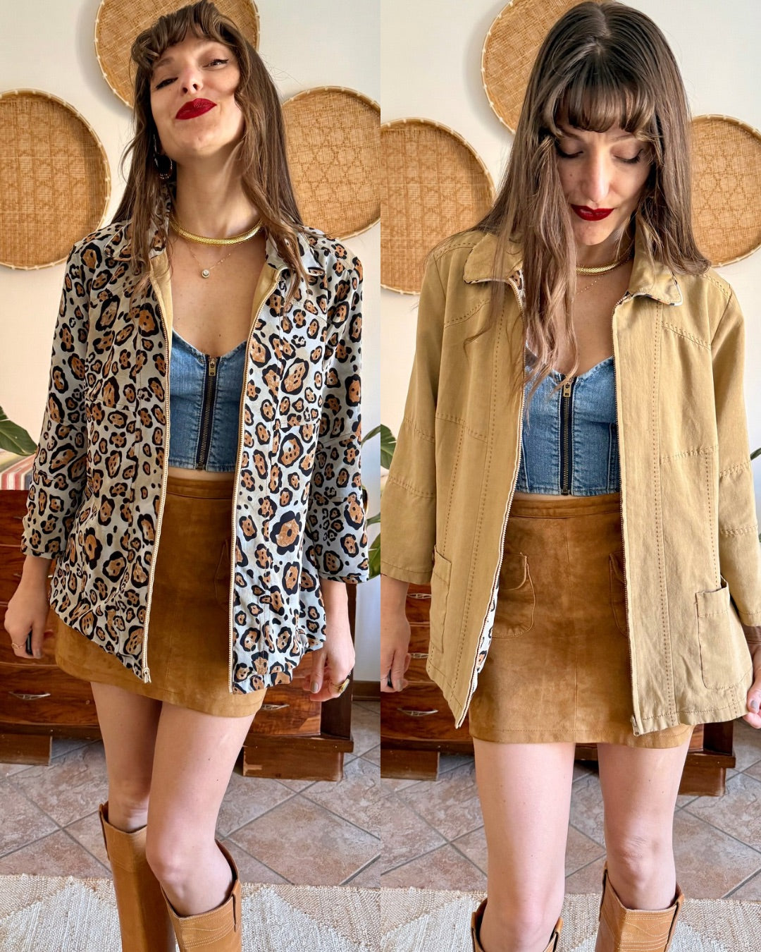 1970's vintage khaki and leopard print reversible jacket