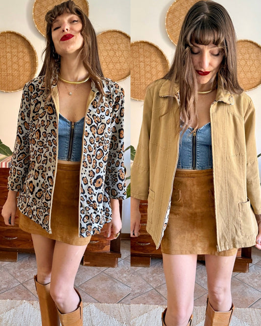 1970's vintage khaki and leopard print reversible jacket