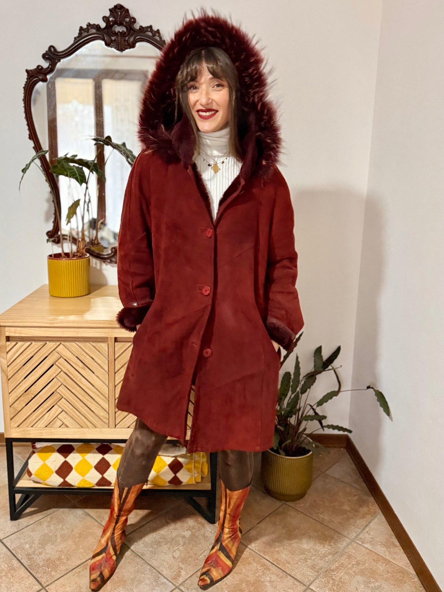 1970's vintage burgundy shearling montone coat with detachable hood