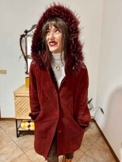 1970's vintage burgundy shearling montone coat with detachable hood