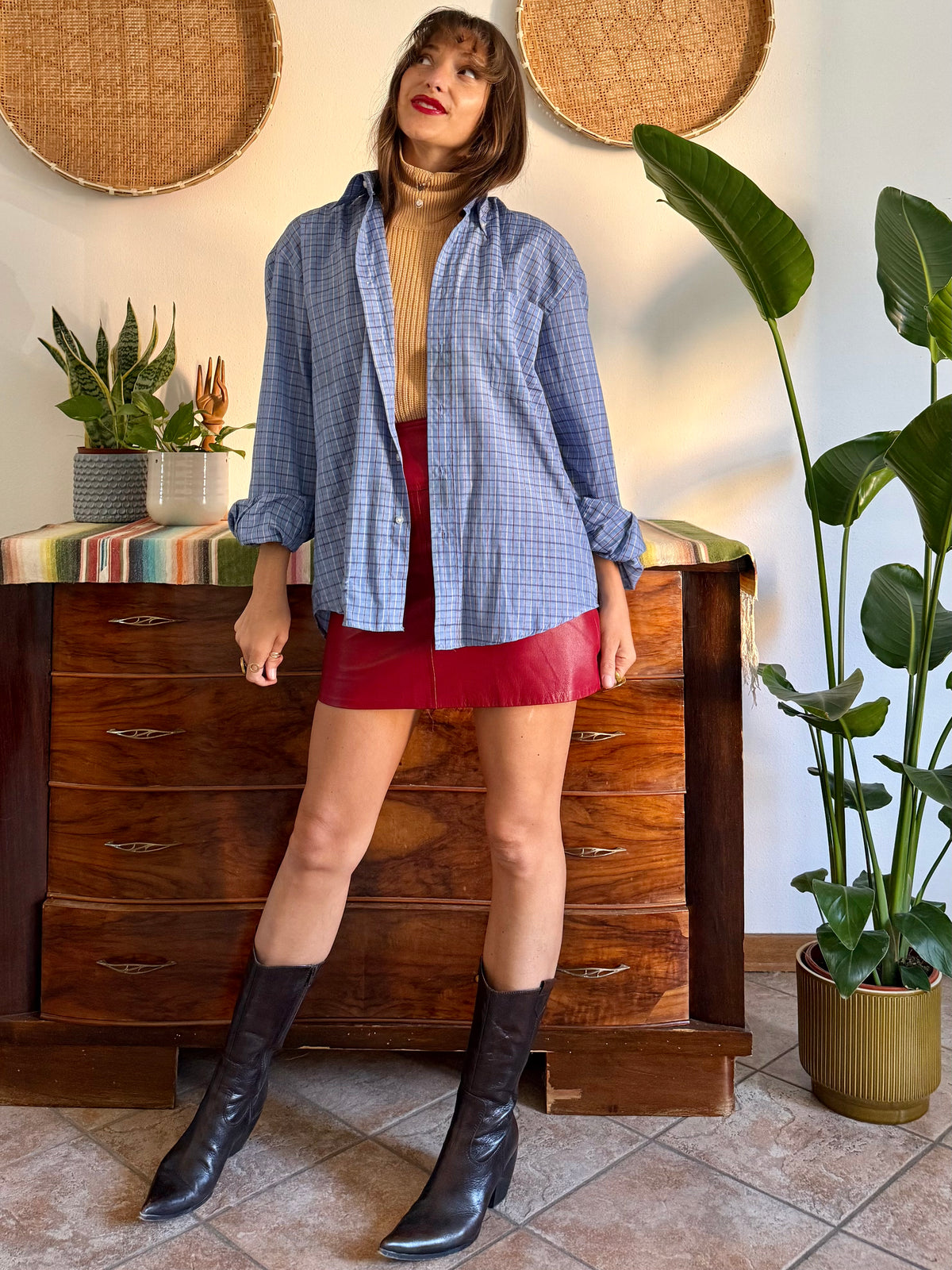 1970's vintage light blue and chocolate brown plaid shirt