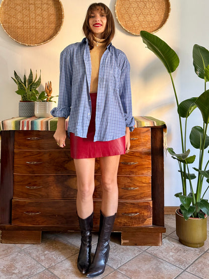1970's vintage light blue and chocolate brown plaid shirt
