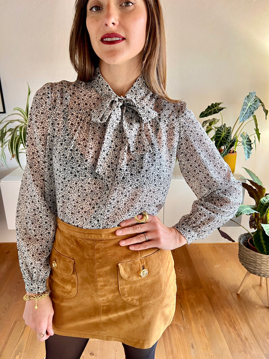 1970's vintage cream bow tie blouse with navy floral print