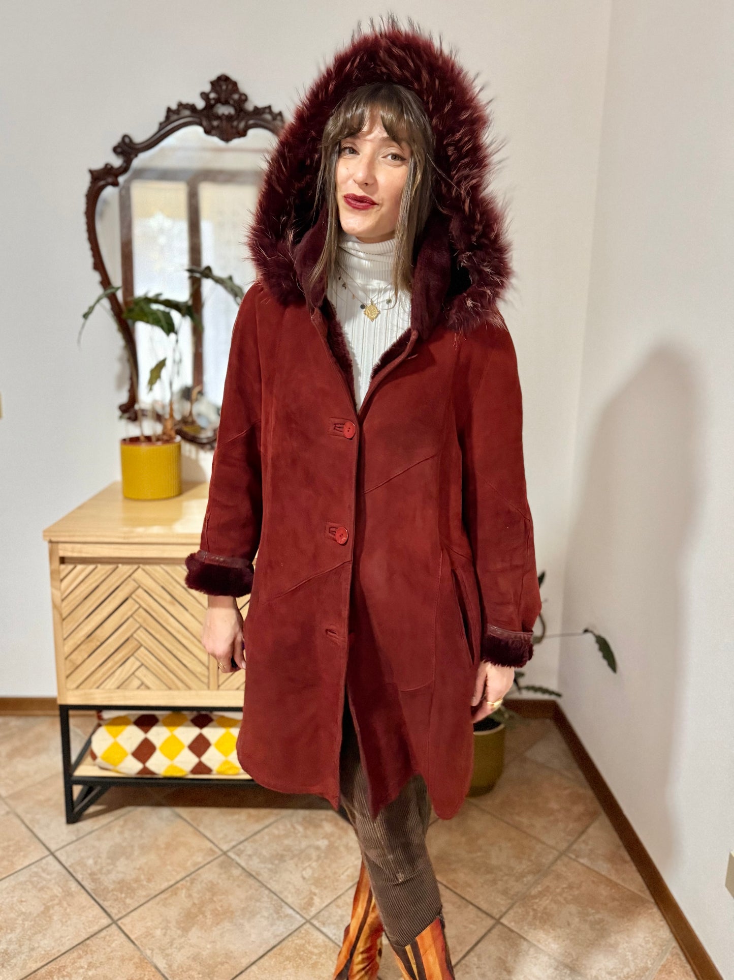 1970's vintage burgundy shearling montone coat with detachable hood