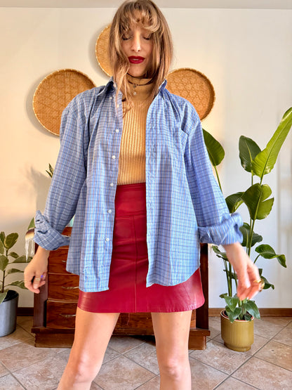 1970's vintage light blue and chocolate brown plaid shirt
