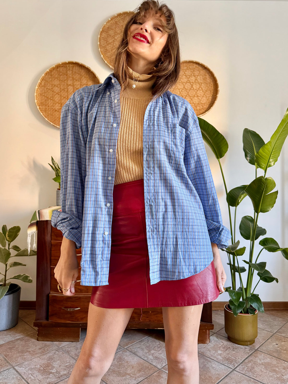 1970's vintage light blue and chocolate brown plaid shirt