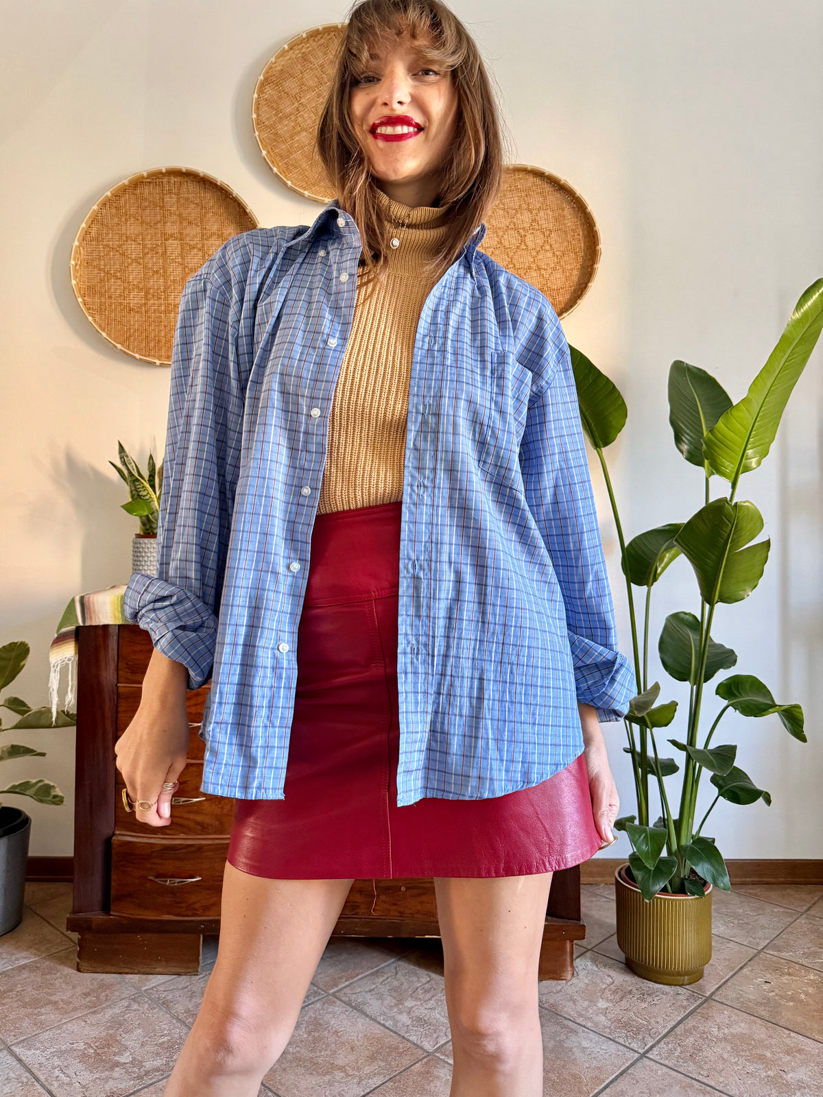 1970's vintage light blue and chocolate brown plaid shirt