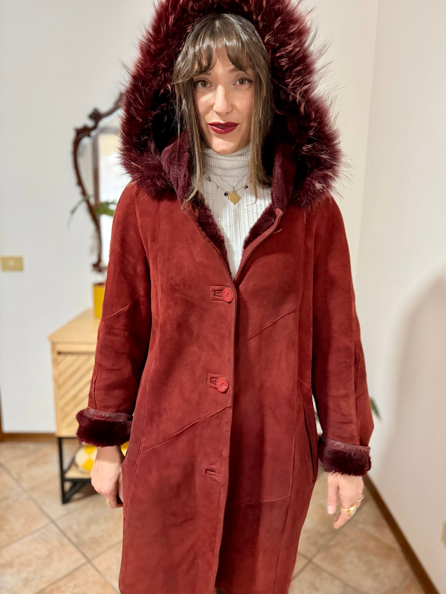 1970's vintage burgundy shearling montone coat with detachable hood