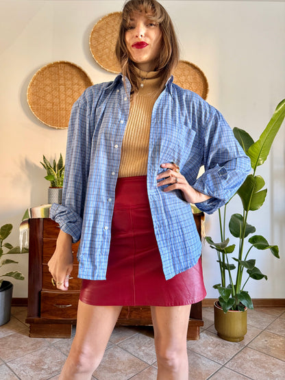 1970's vintage light blue and chocolate brown plaid shirt