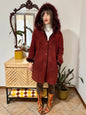 1970's vintage burgundy shearling montone coat with detachable hood