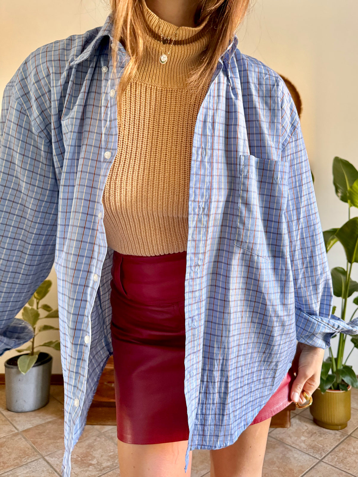 1970's vintage light blue and chocolate brown plaid shirt