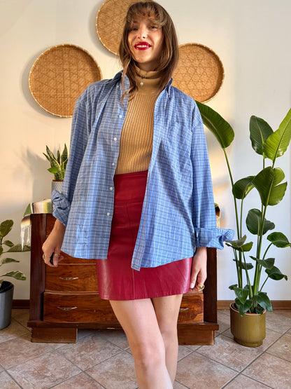 1970's vintage light blue and chocolate brown plaid shirt