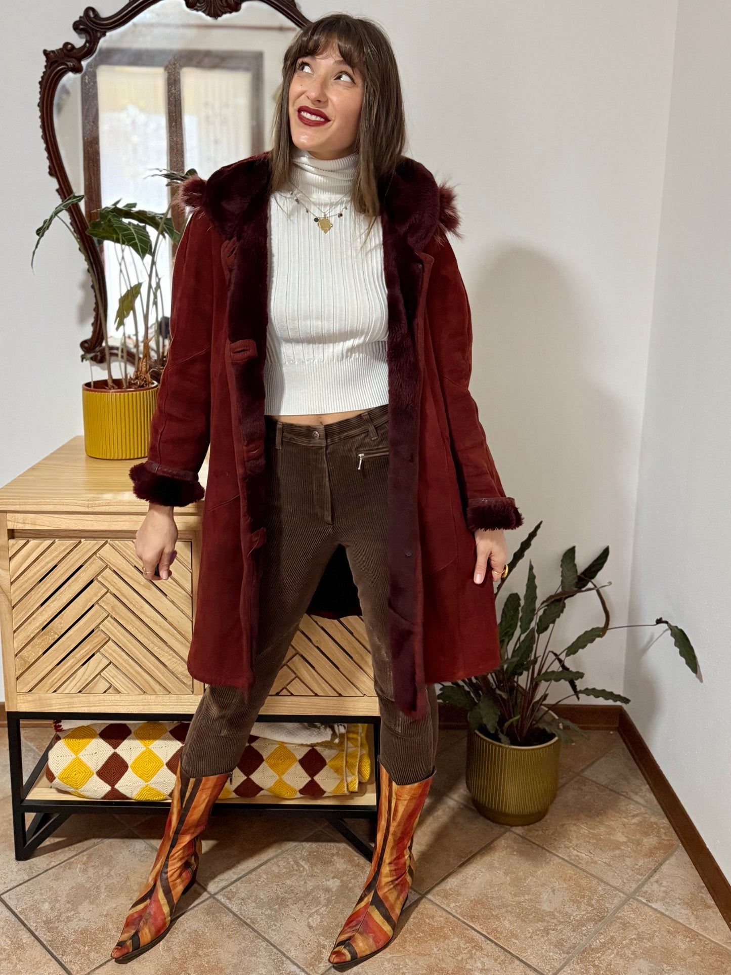 1970's vintage burgundy shearling montone coat with detachable hood
