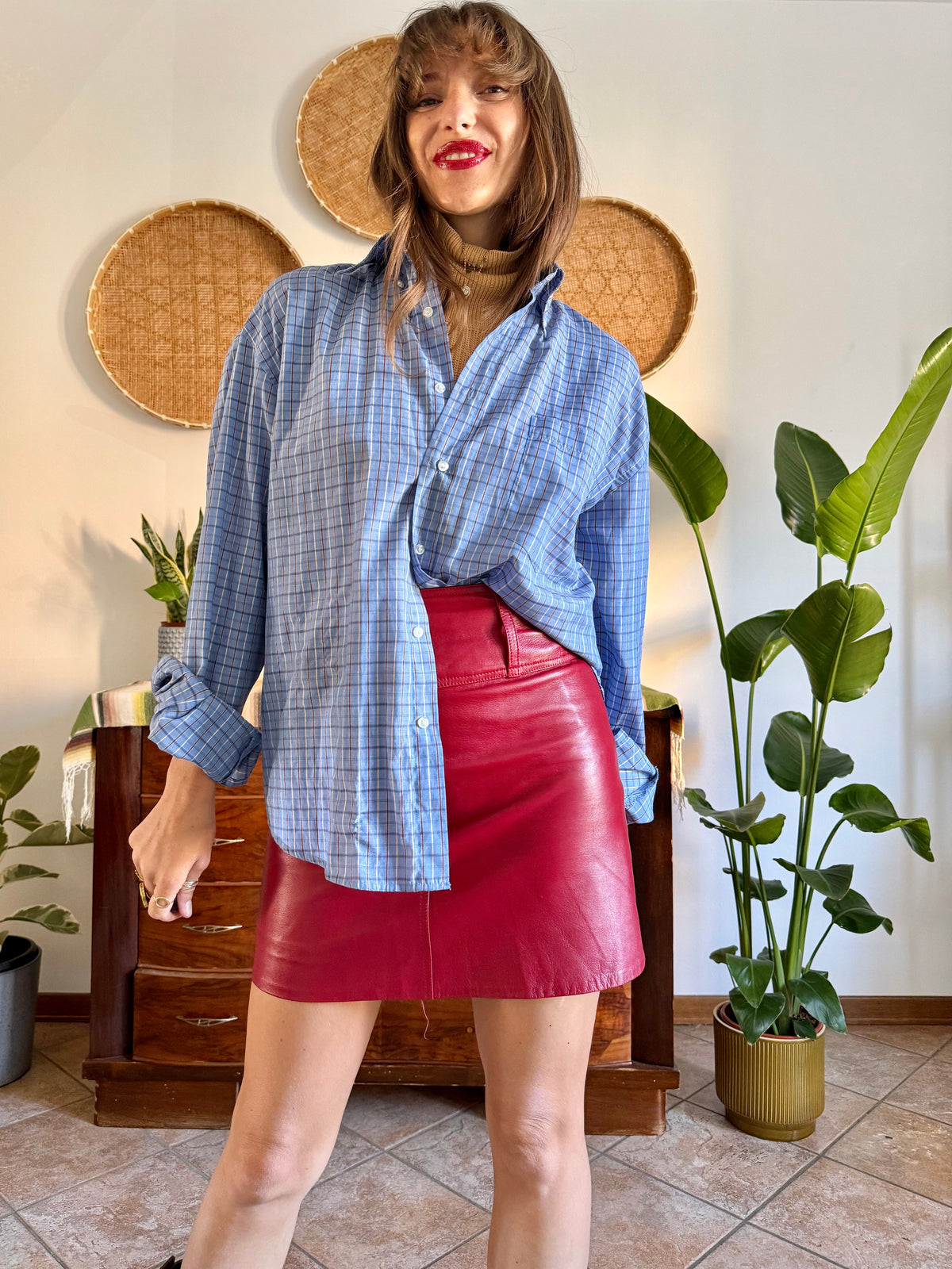 1970's vintage light blue and chocolate brown plaid shirt
