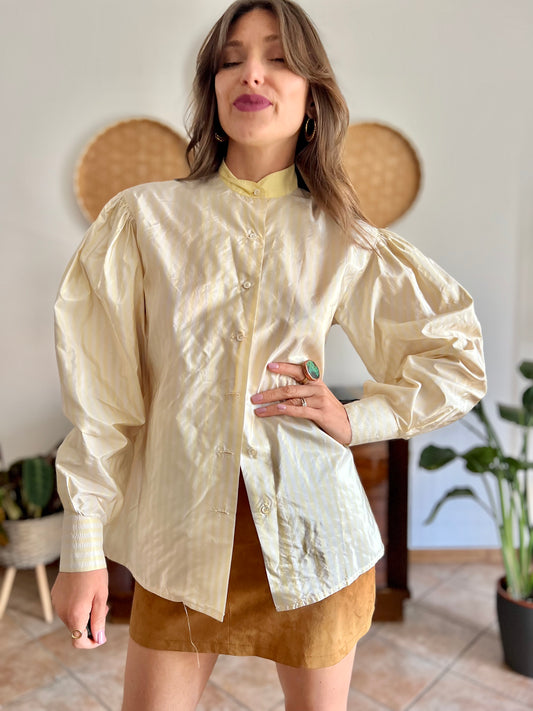 1960's vintage butter yellow and cream stripe silk blouse with puff sleeves